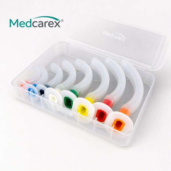 A set of six curved medical airway tubes in a clear plastic storage case, with the Medcarex brand name visible on the lid and in the top-left corner. The tubes have colored flanges in blue, white, green, yellow, red, and orange.