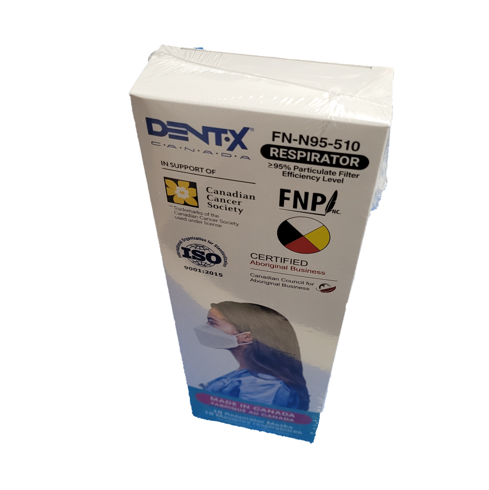 Dent-X earloop face mask respirator with 3D fit 5-layer FN-N95-510 size (7.95x3.26in) now with security wrap 10/box - made in Canada-5