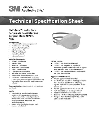 3M Aura 1870 plus N95 Healthcare respirator surgical mask individually wrapped now made in CANADA