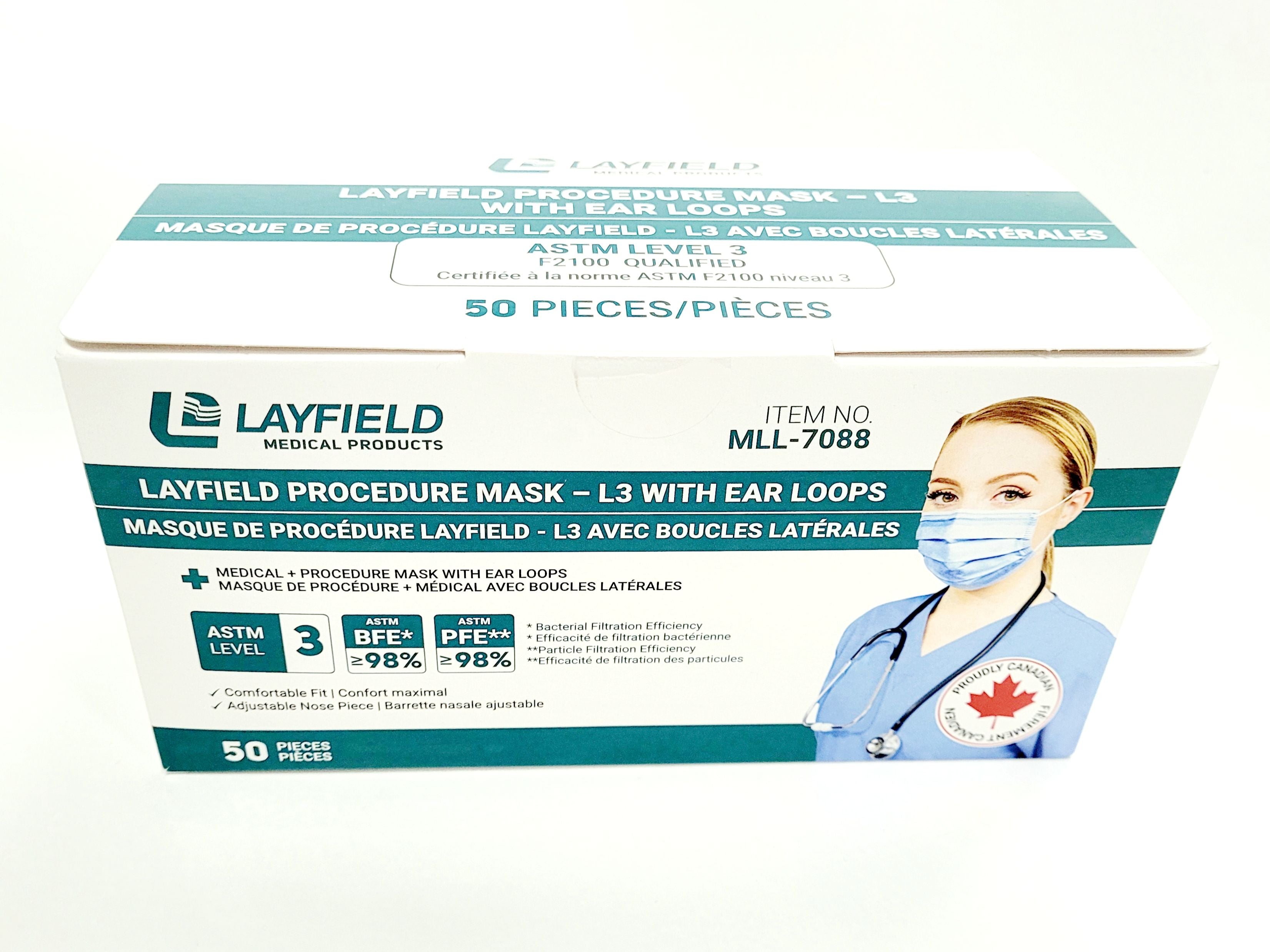 Layfield LEVEL 3 ASTM earloop face masks Blue 50/box  - Made in Canada