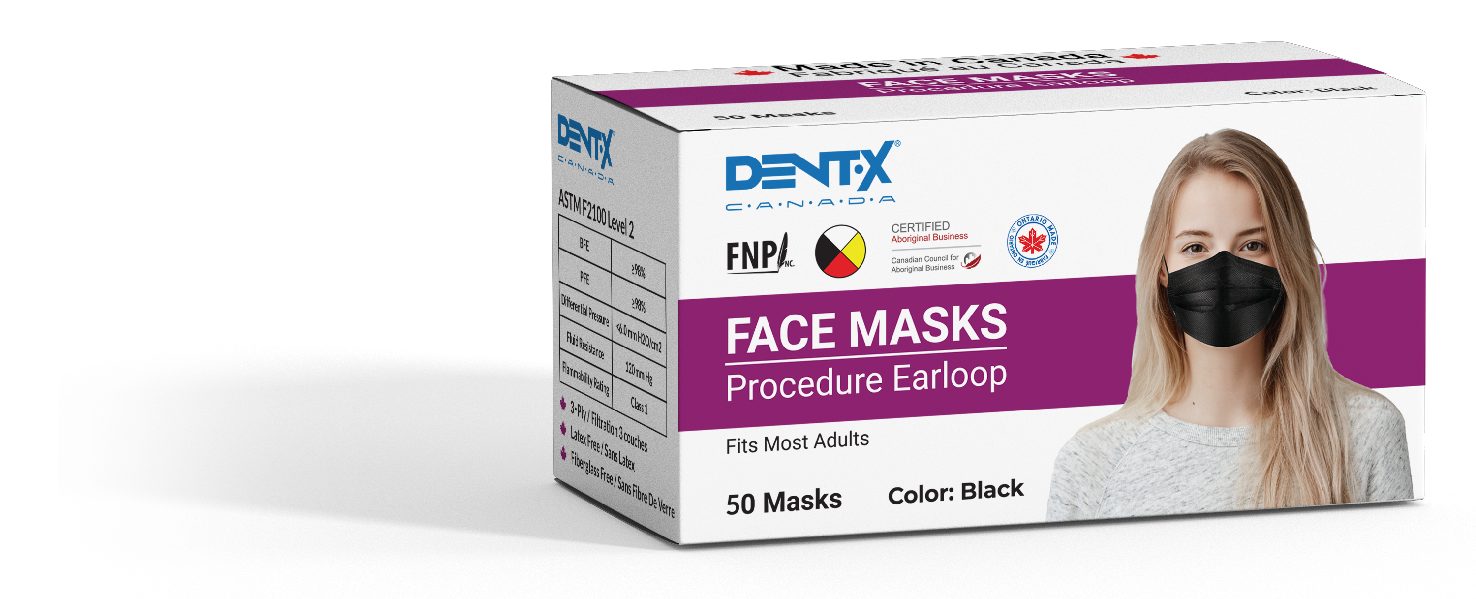 Dent-X BLACK LEVEL 2 ASTM earloop face masks 50/box with security wrap - Made in Canada-2