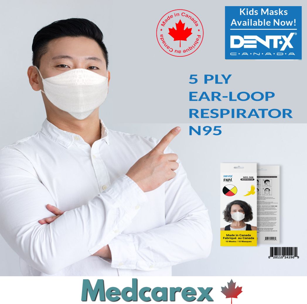 Dent-X Earloop face mask with 3d-fit 5-layer FN-N95-508 size (8.03in x 3.18in) with security wrap 10/box - Canadian