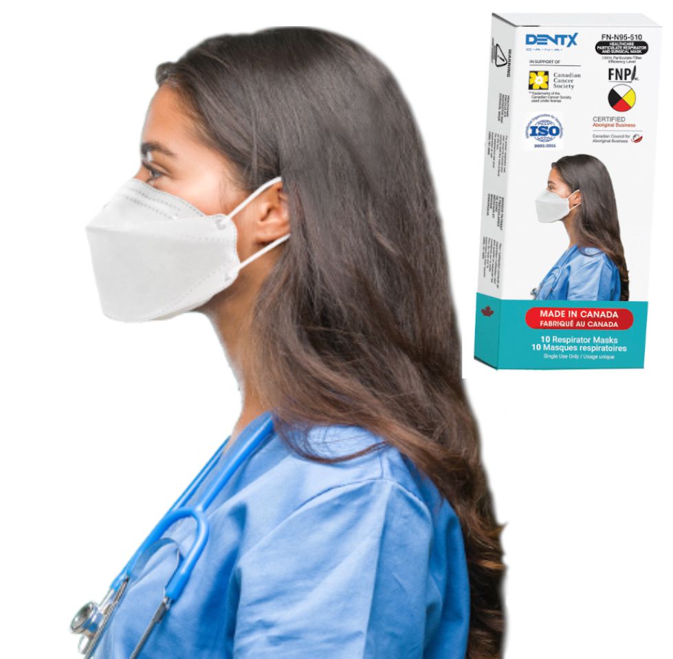 Dent-X earloop face mask respirator with 3D fit 5-layer FN-N95-510 size (7.95x3.26in) now with security wrap 10/box - made in Canada-3