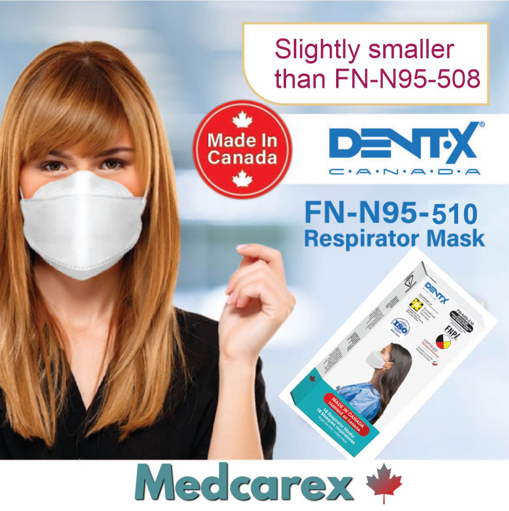 Dent-X earloop face mask respirator with 3D fit 5-layer FN-N95-510 size (7.95x3.26in) now with security wrap 10/box - made in Canada-1