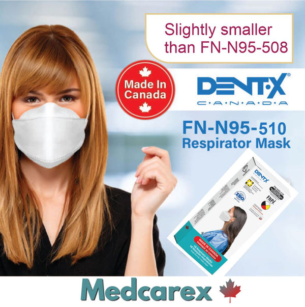 Dent-X earloop face mask respirator with 3D fit 5-layer FN-N95-510 size (7.95x3.26in) now with security wrap 10/box - made in Canada