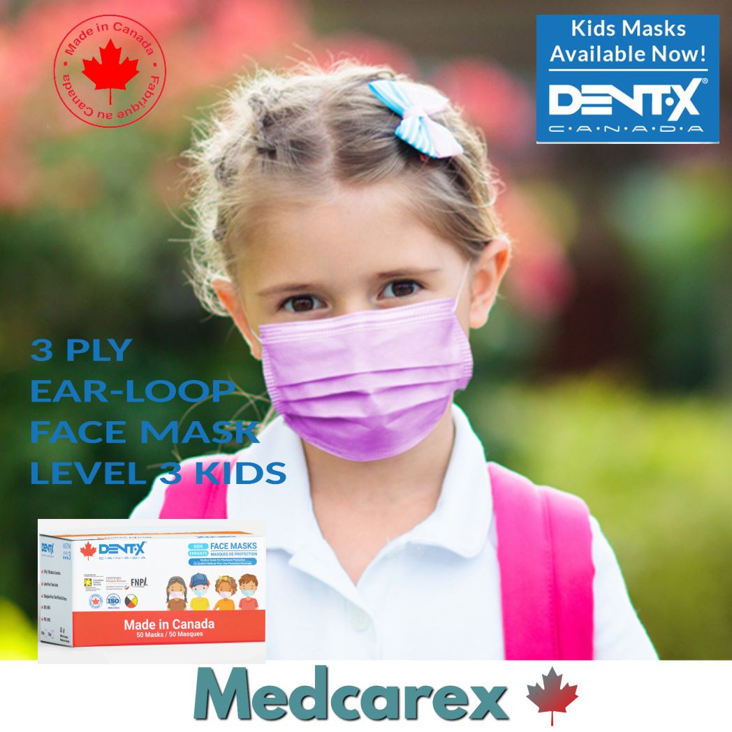 PINK DentX Kids ASTM Level 3 face masks Bx/50 with security wrap - Made in Canada
