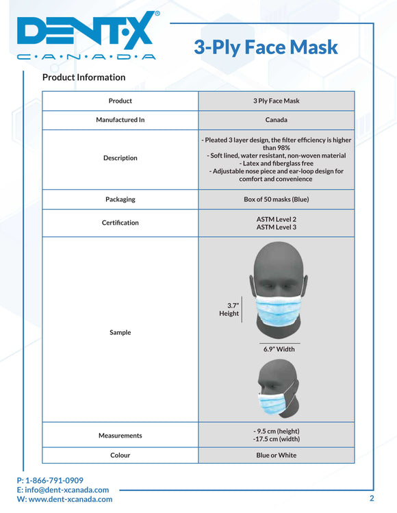 Canadian Surgical Mask by Dentx Dentx Level 3 Blue 50/box Made in Canada Medcarex Canada