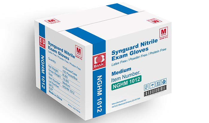 Synguard Nitrile Exam Gloves by Intco, color BLUE sizes XS, S, M, L, XL. XXL